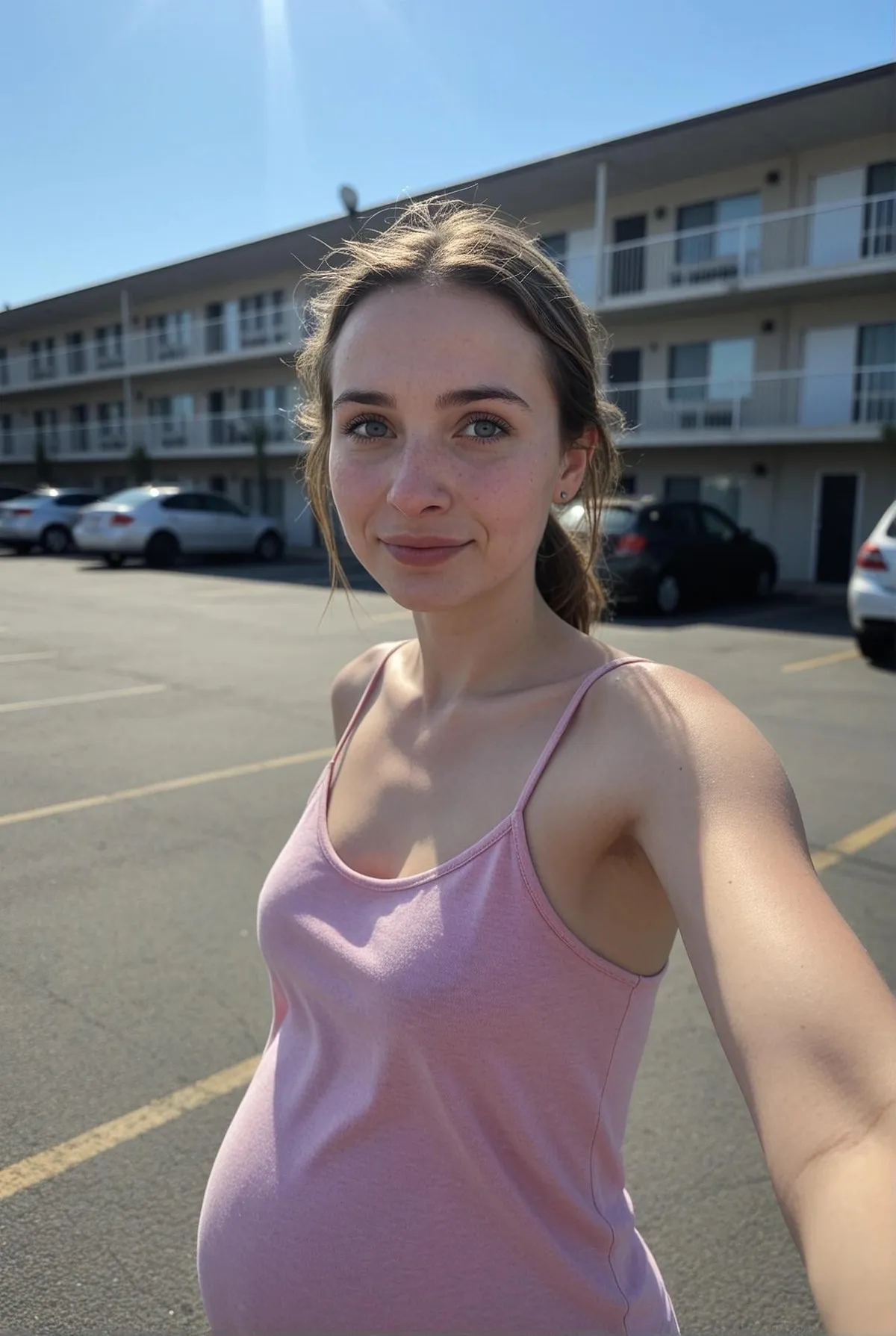 Pregnant Woman Selfie Paved Motel Parking Lot Midday Sun