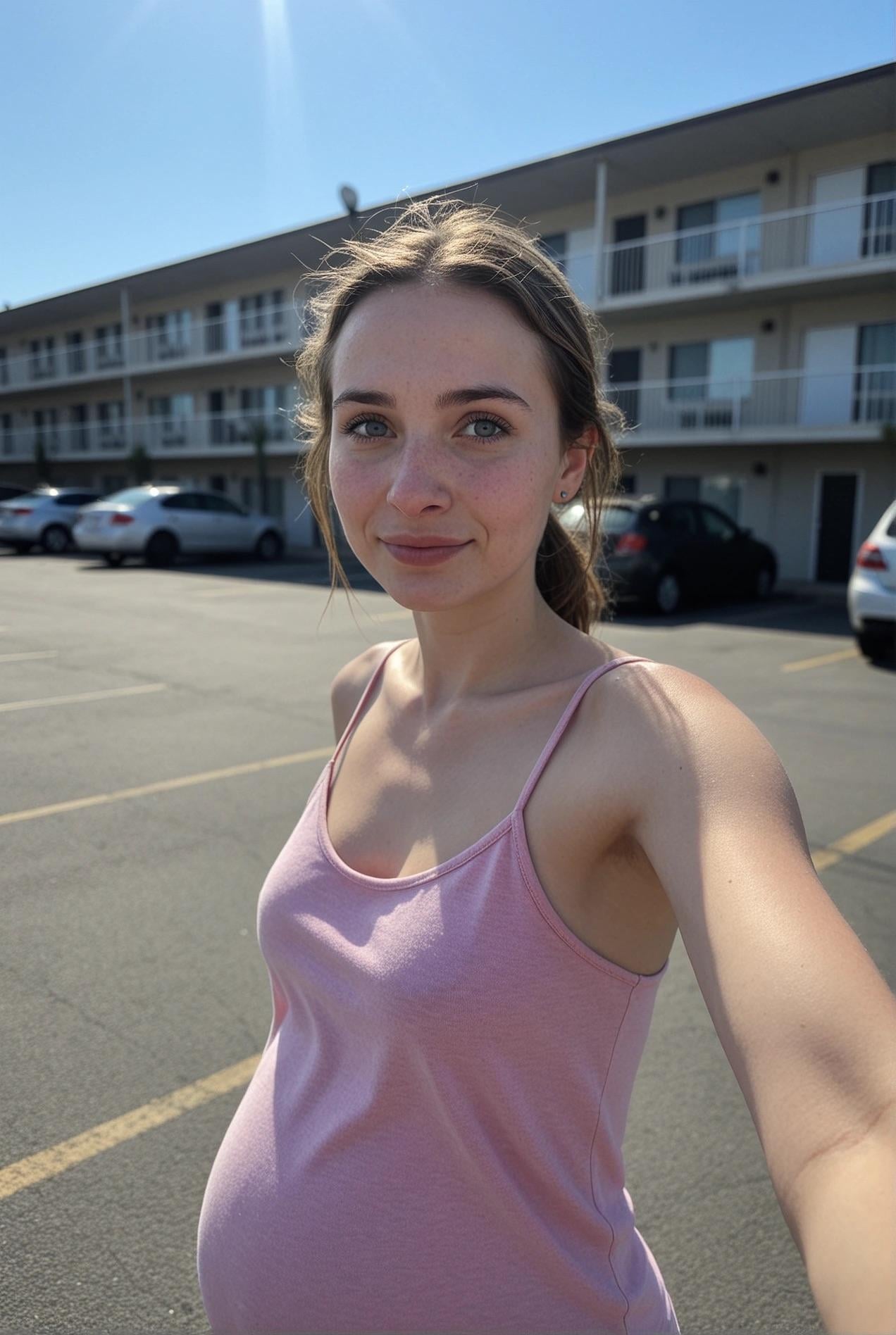 Pregnant woman with light brown hair taking a selfie in a paved motel parking lot, sun highlights on her shoulder.