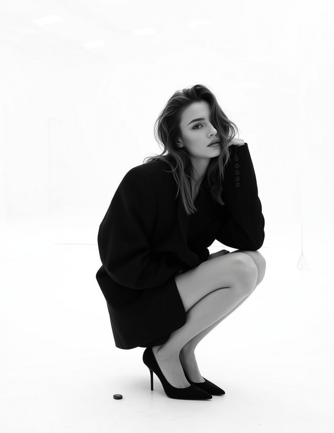 Full Shot Black And White Photorealistic Portrait Young Woman With