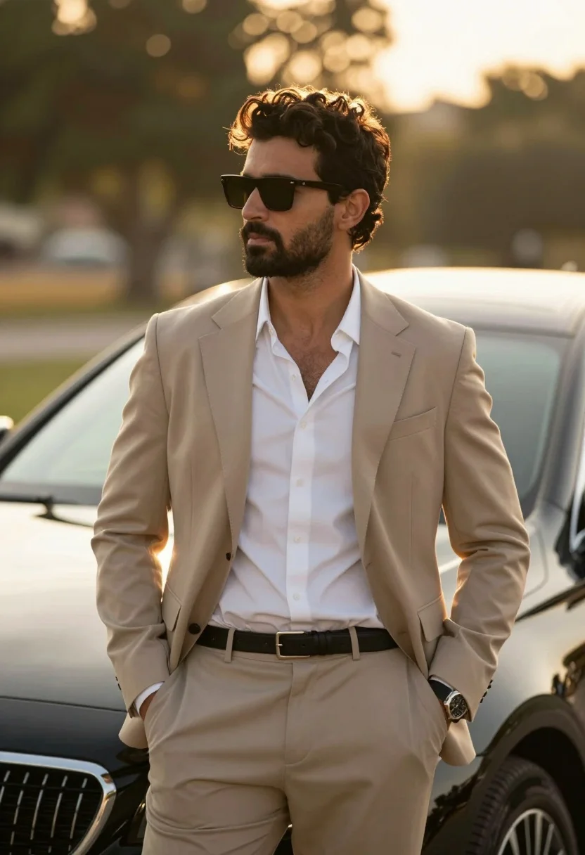 Stylish Man Stands Confidently Front Luxury Car During The Golden
