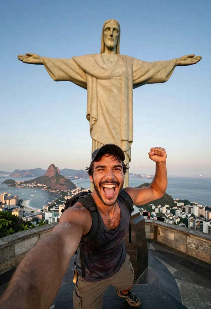 Triumphant Ancient Citadel Selfie Scene Exhilarated Tourist Man Conquering Rio