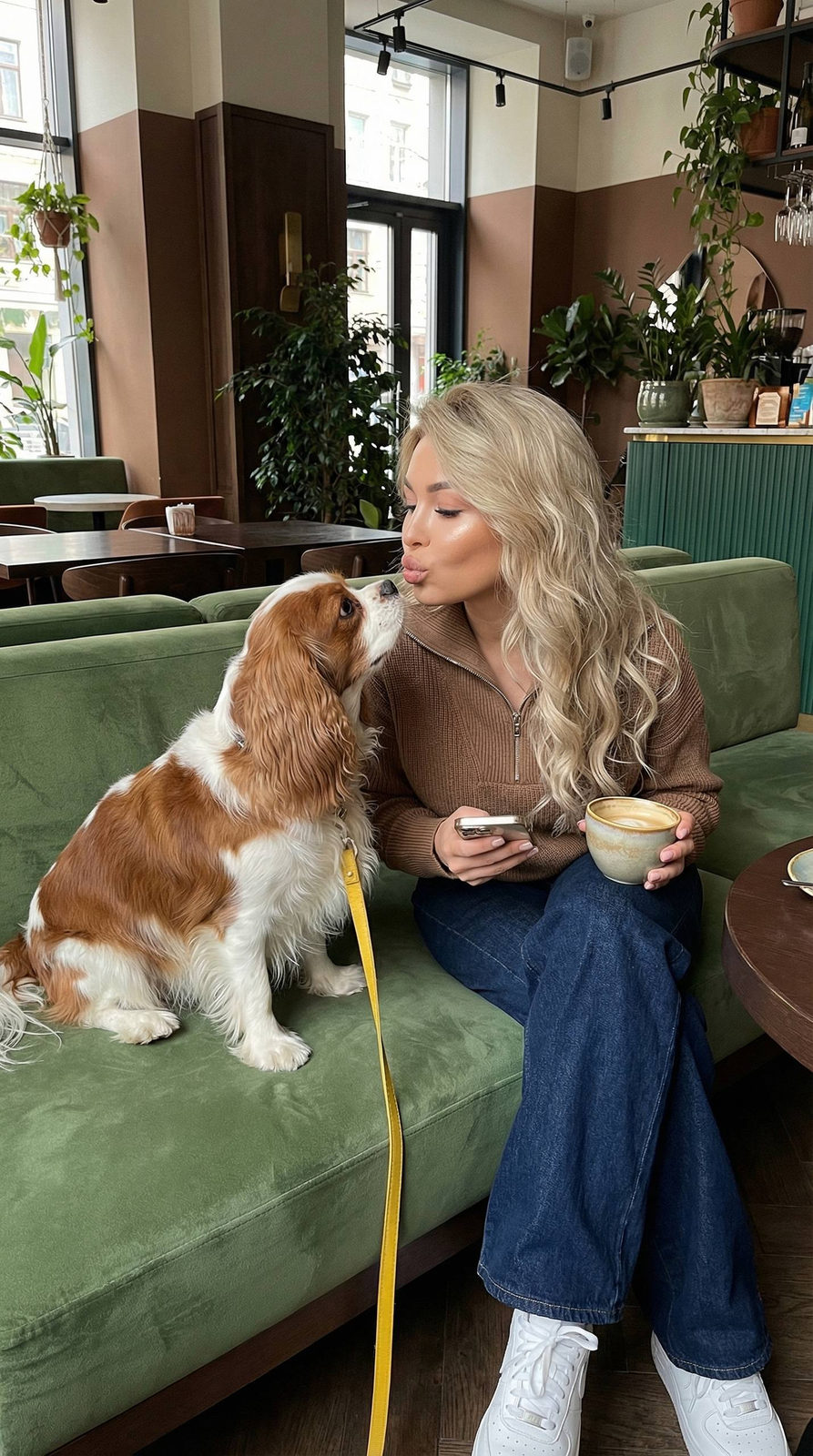 A girl in a stylish cafe with warm light, reaching to kiss her King Charles Spaniel beside her on a small table.