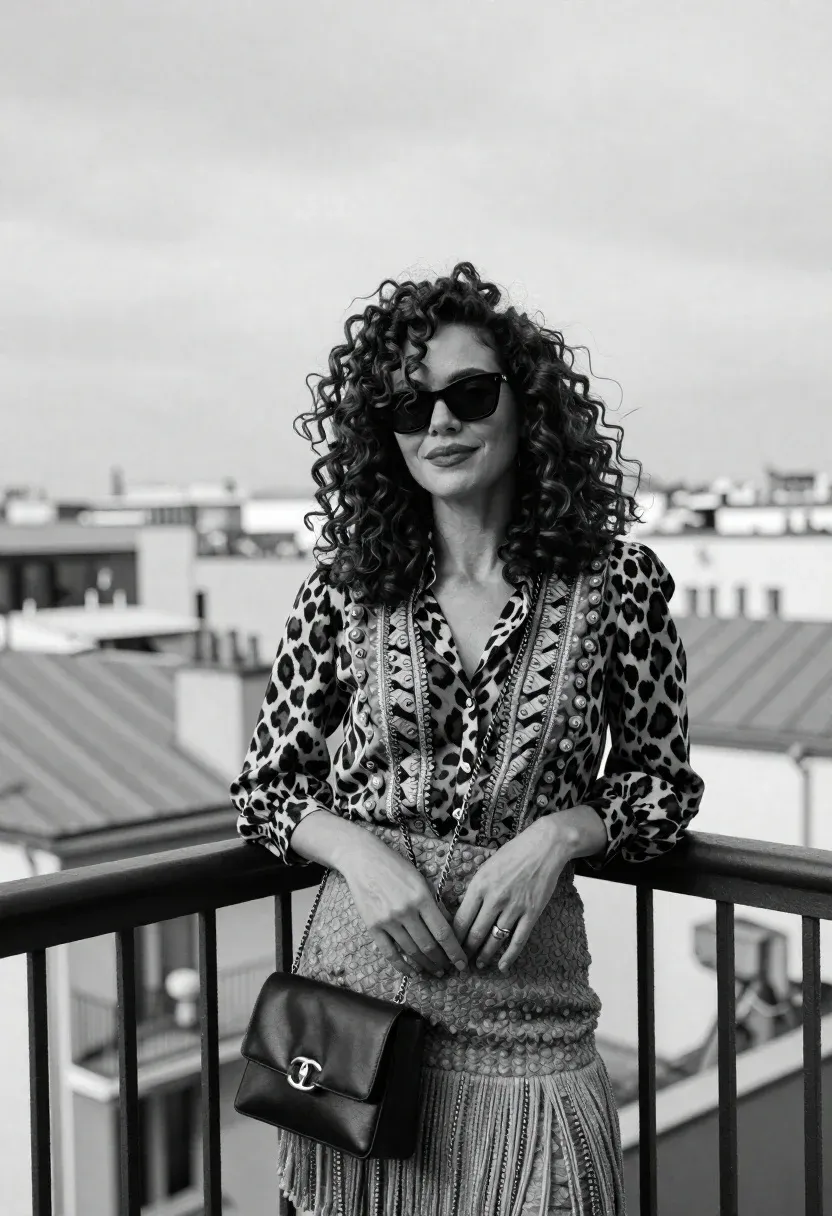Confident Woman With Voluminous Curly Hair Stands Balcony Overlooking City