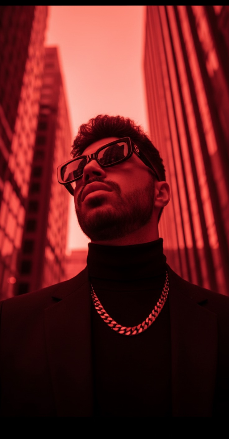 Portrait of a man in black turtleneck and blazer, in dramatic red light with sunglasses and a pensive expression.