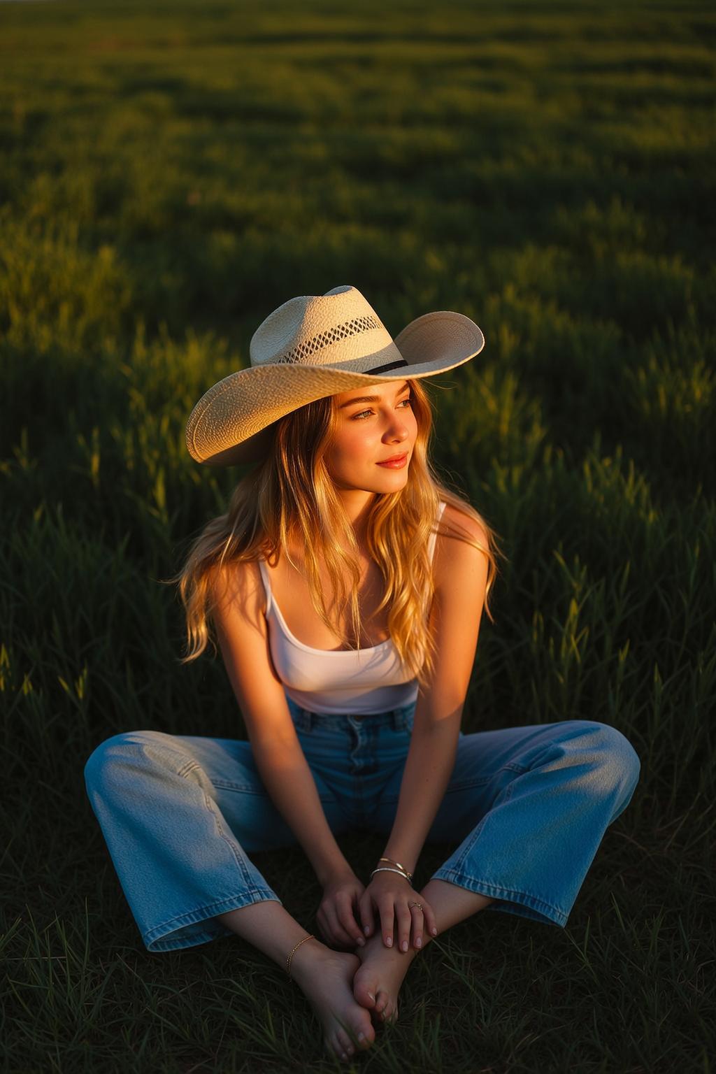 Explore Sitting Cross-legged Grassy Field Facing Slightly