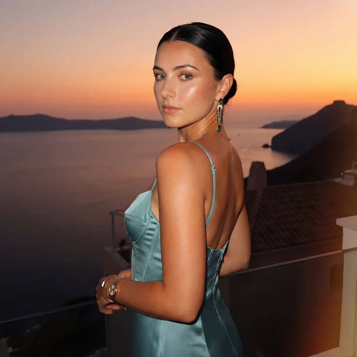 Sunset Ocean Balcony Woman Realistic