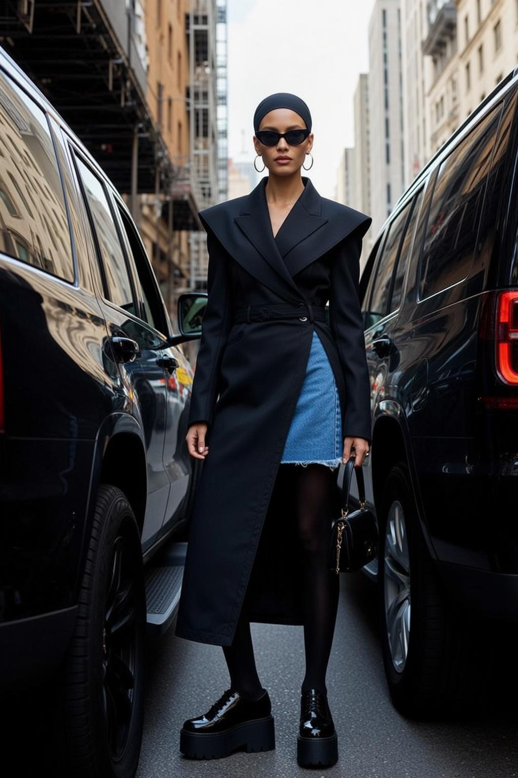 Fashion Week Black Headscarf Medium Double-breasted Coat