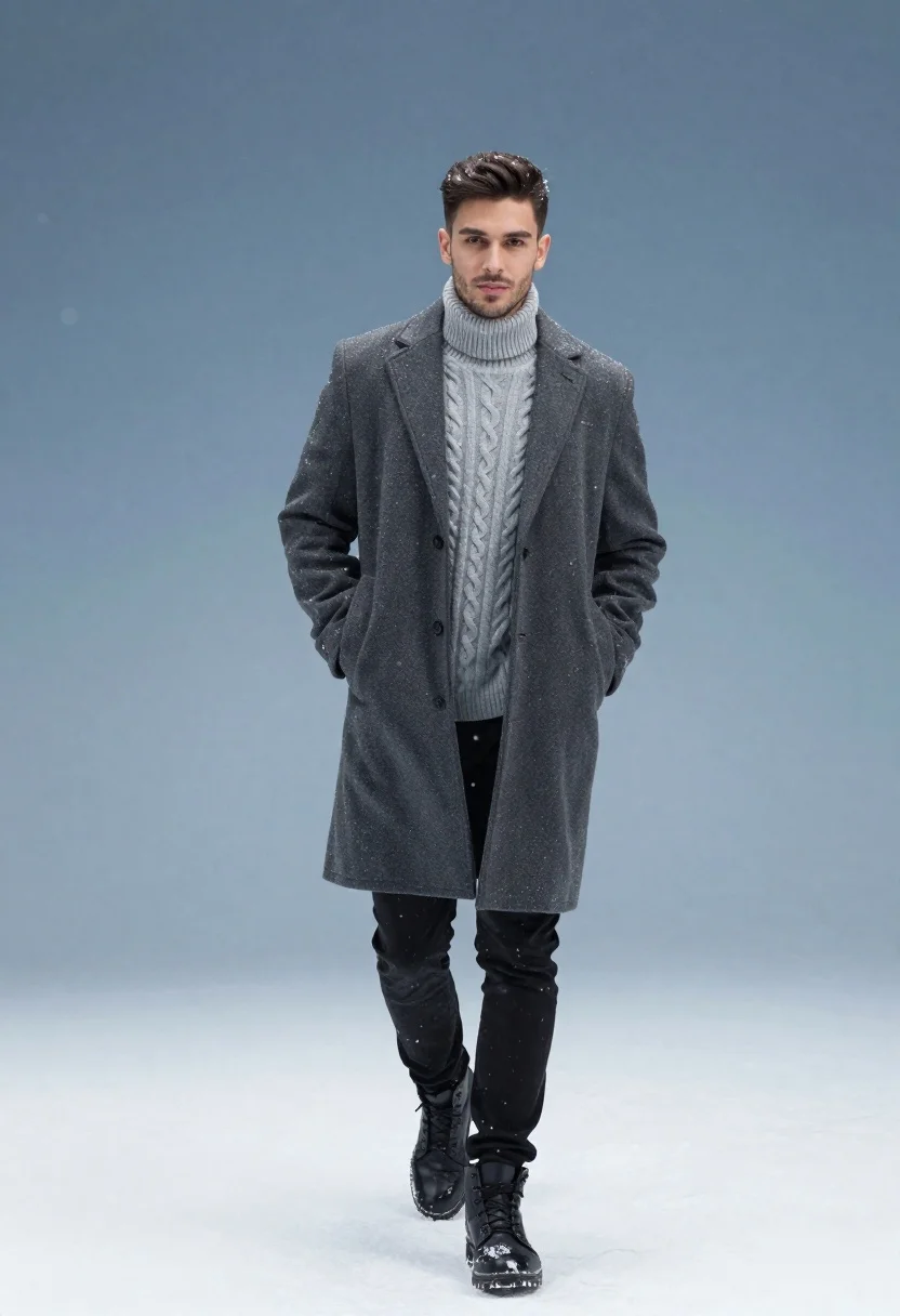 Full-length Studio Portrait Man Standing Falling Snow Against Smooth Gradient reference photo
