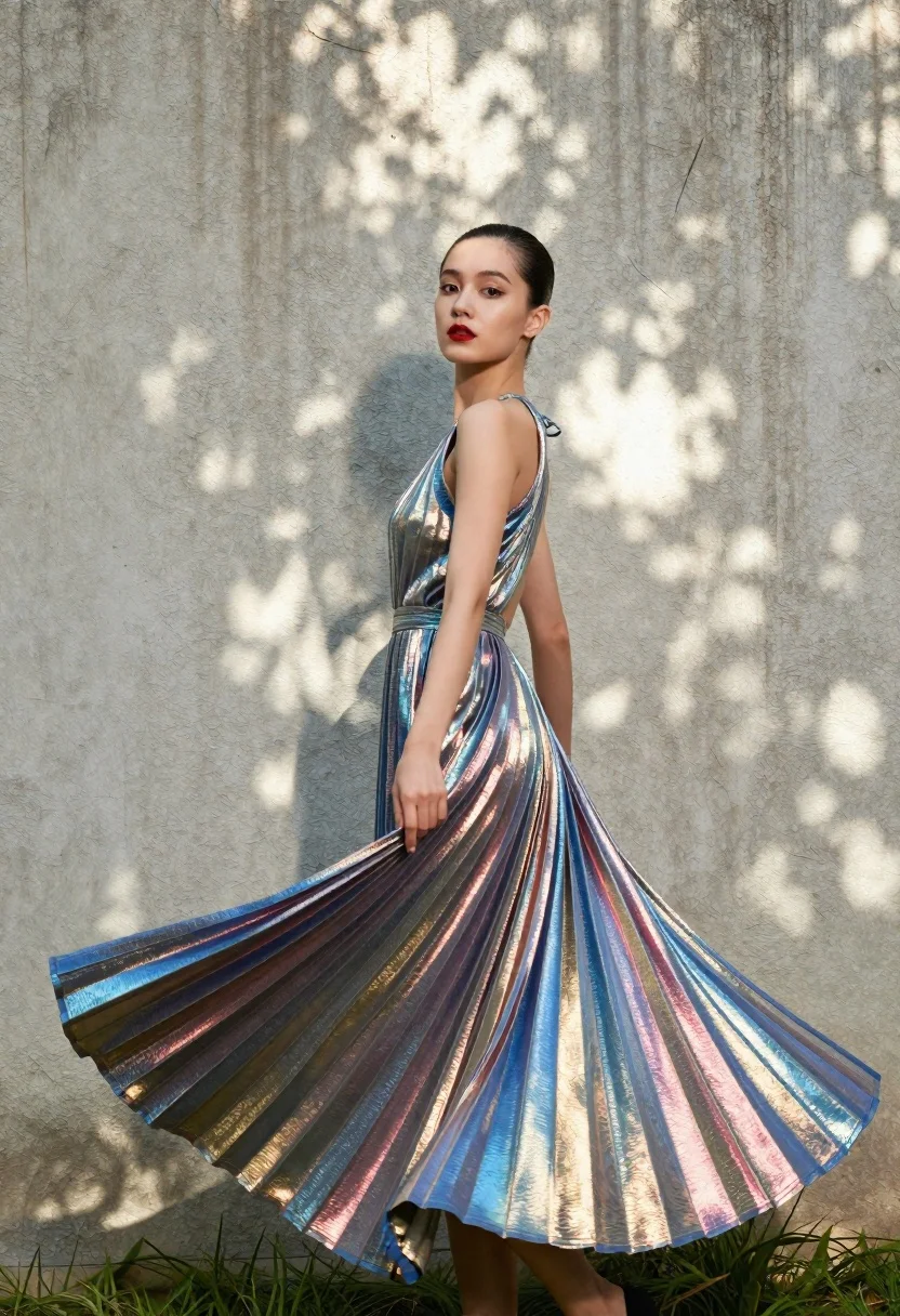 Woman Shimmering Pleated Gown Spins Gracefully Against Textured Wall Subject reference photo