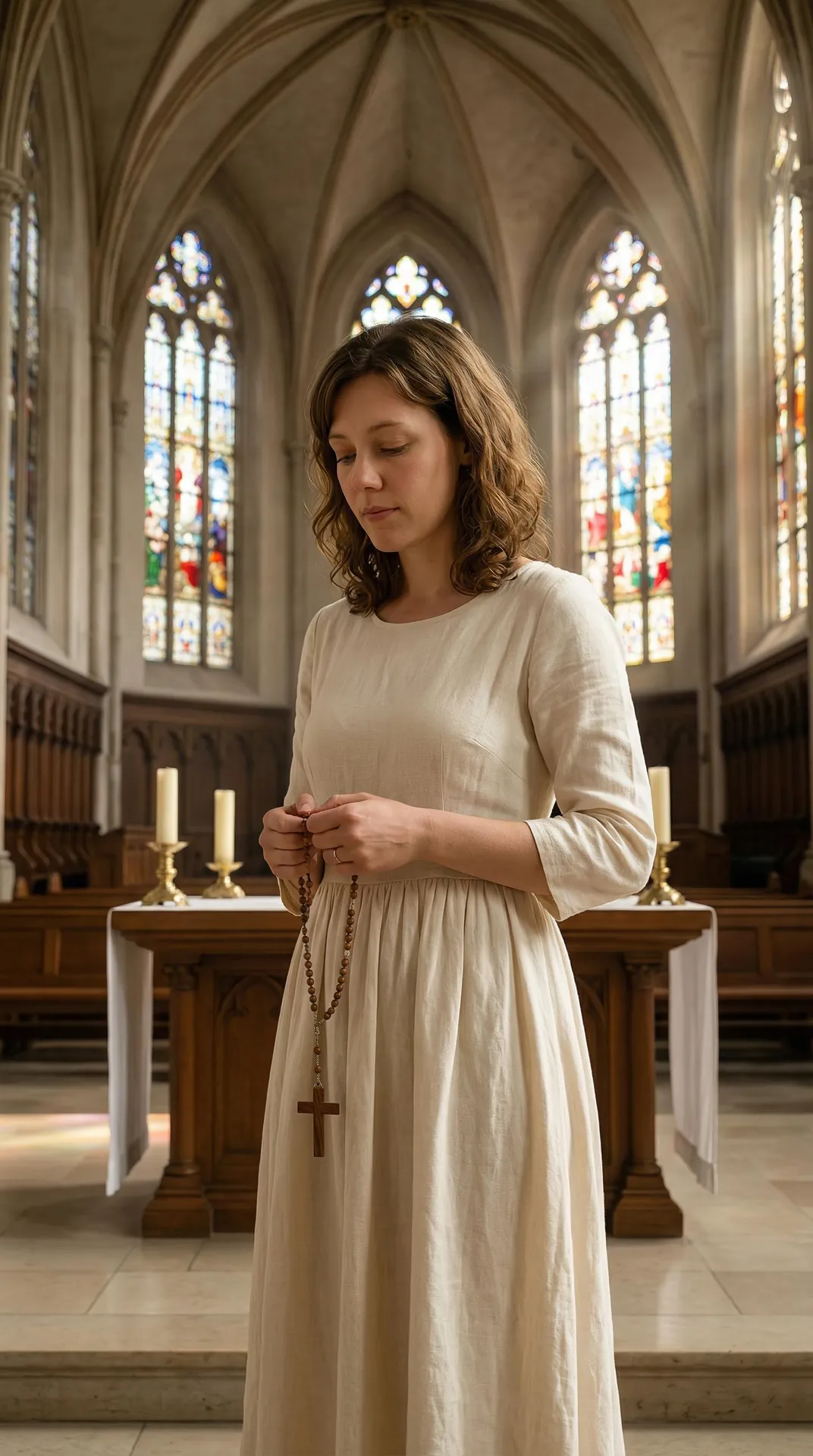 Standing Altar Holding Rosary Peaceful Expression