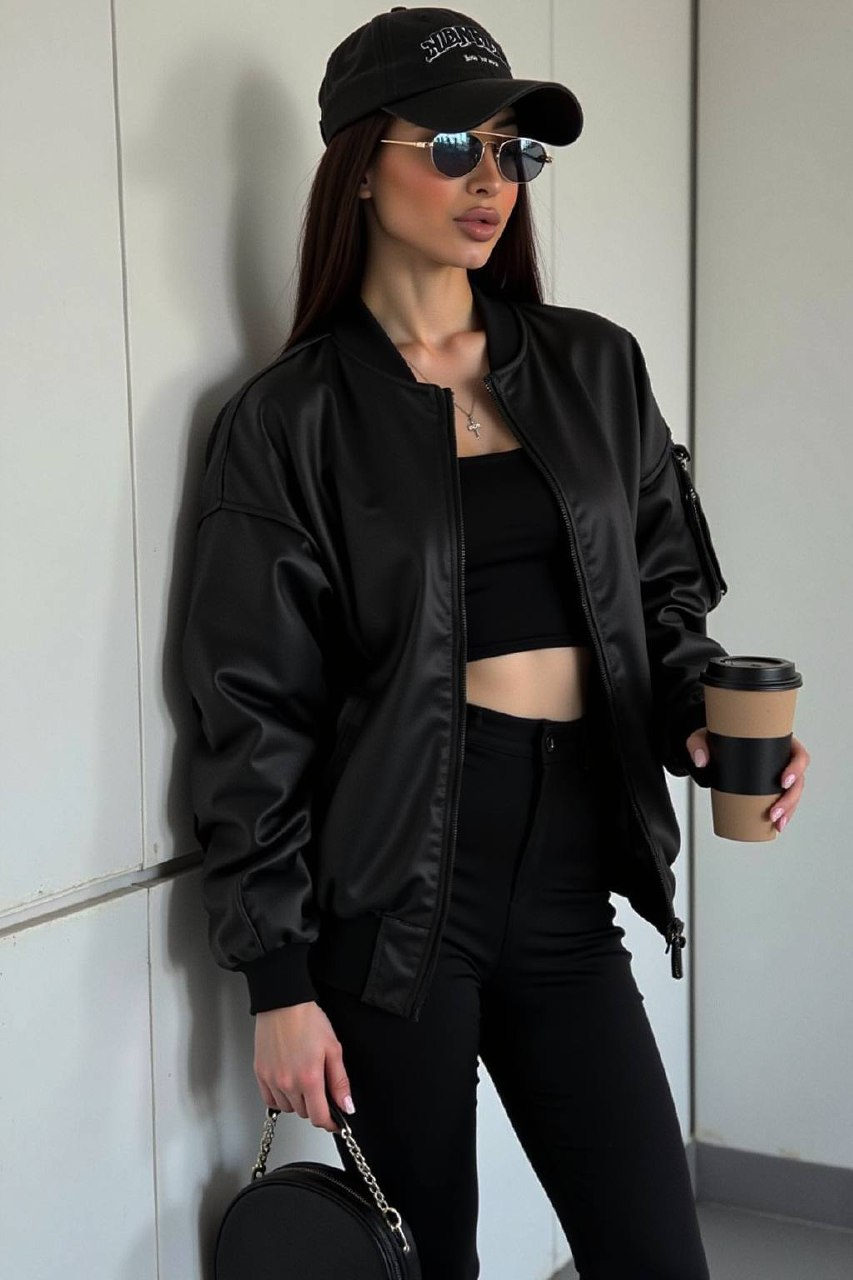 A stylish woman in a monochrome outfit poses casually against a clean panel wall, showcasing modern streetwear with an oversized bomber jacket and accessories.