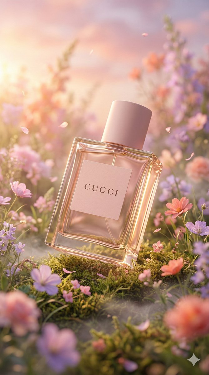 A hyper-realistic luxury perfume bottle in a lush meadow with soft pink flowers and warm golden light