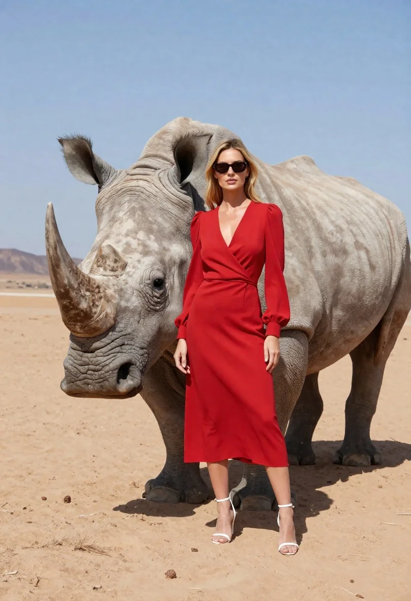 Full-body Shot Woman Standing Confidently Next Massive White Rhinoceros Stark reference photo