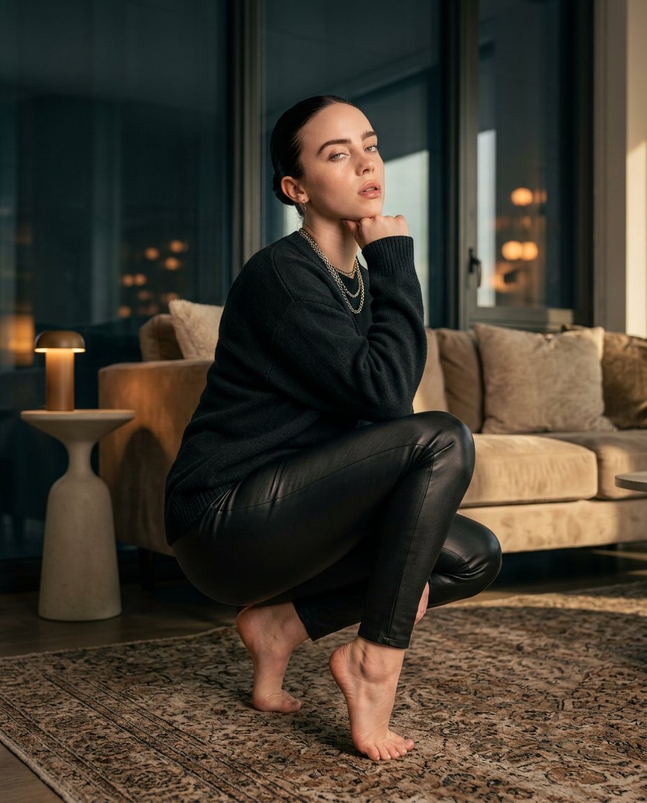 Crouching On Patterned Rug In Dimly Lit Living Room