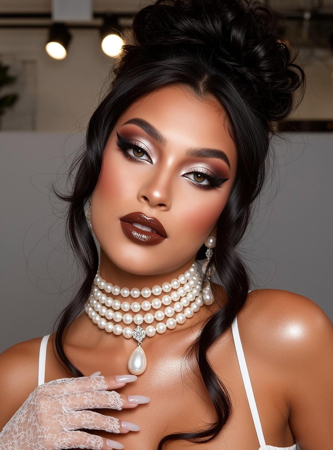 Makeup Medium Young Dark Voluminous Hair Styled