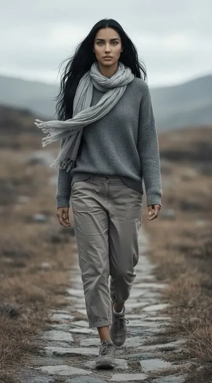 Walks Along Narrow Uneven Stone Path Winding Through Vast Desolate