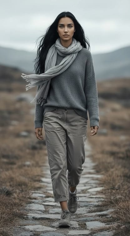 Walks Along Narrow Uneven Stone Path Winding Through Vast Desolate