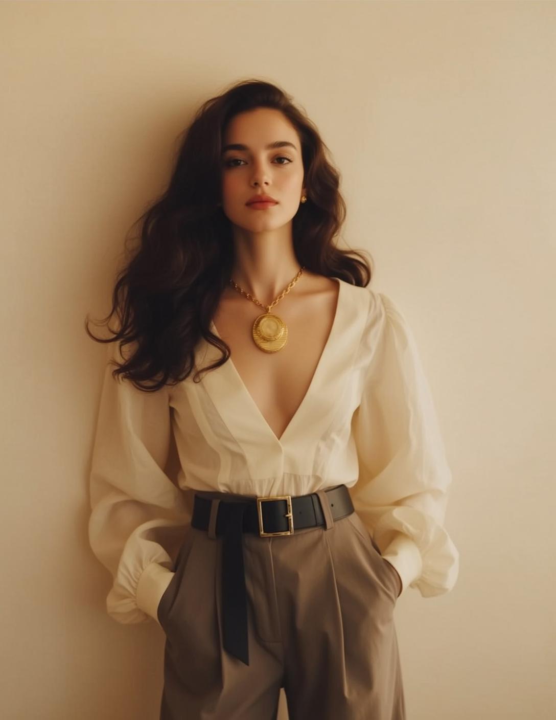 White Blouse Taupe Trousers Gold Belt Leaning Wall