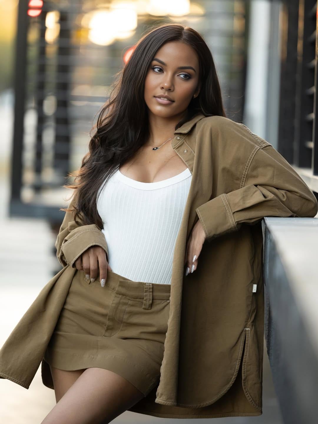 Olive Green Outfit Urban Concrete Ledge Golden Hour