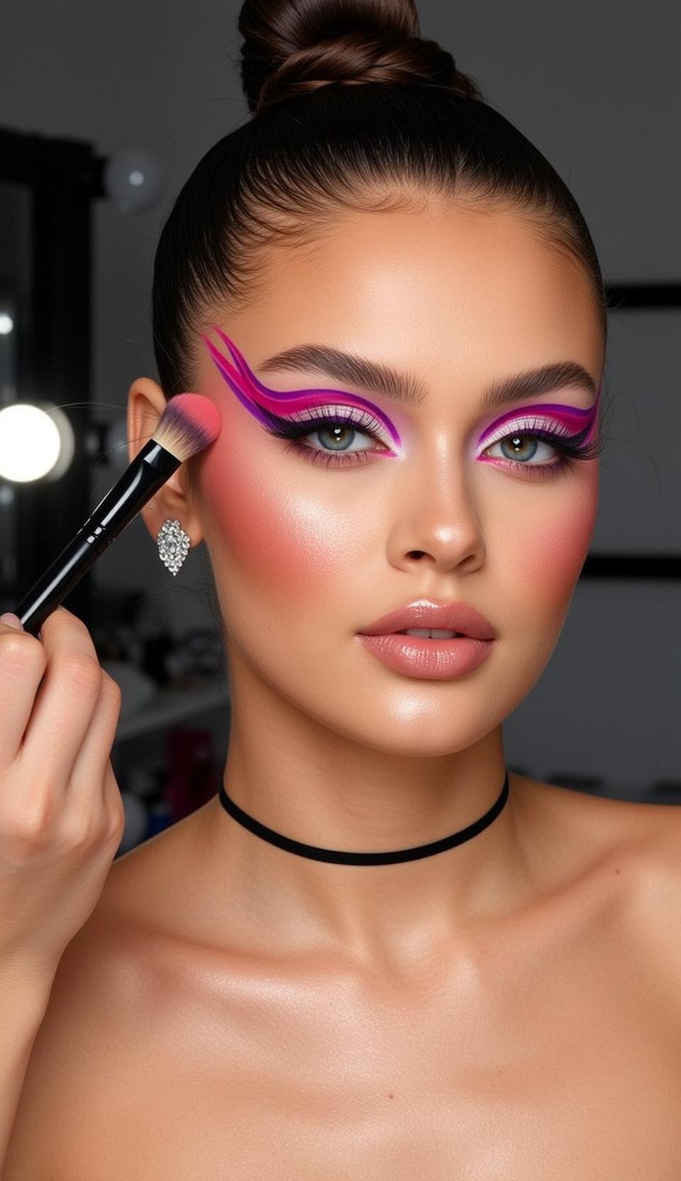 Makeup Photorealistic Young Her Dark Hair Pulled