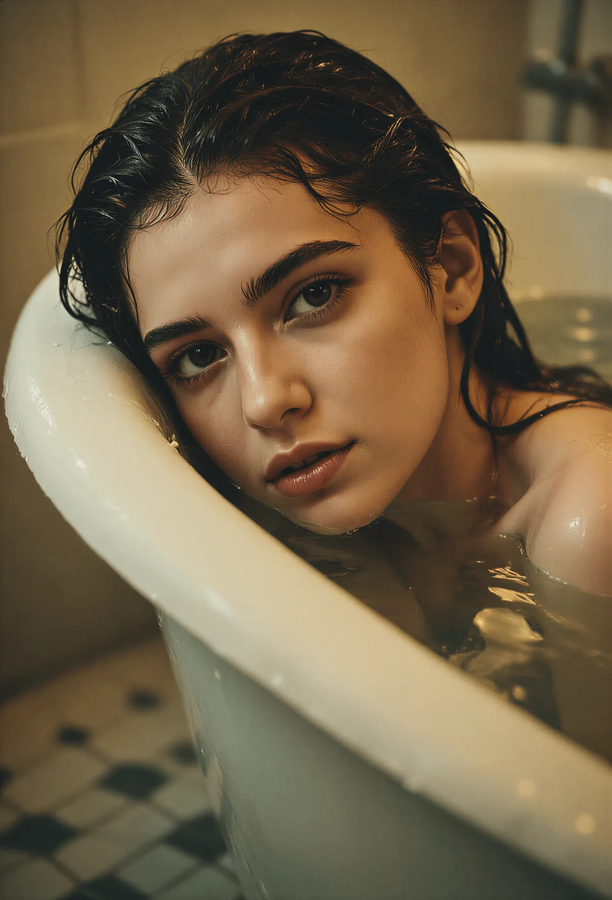 Face Submerged In Vintage Clawfoot Bathtub Warm Moody Lighting