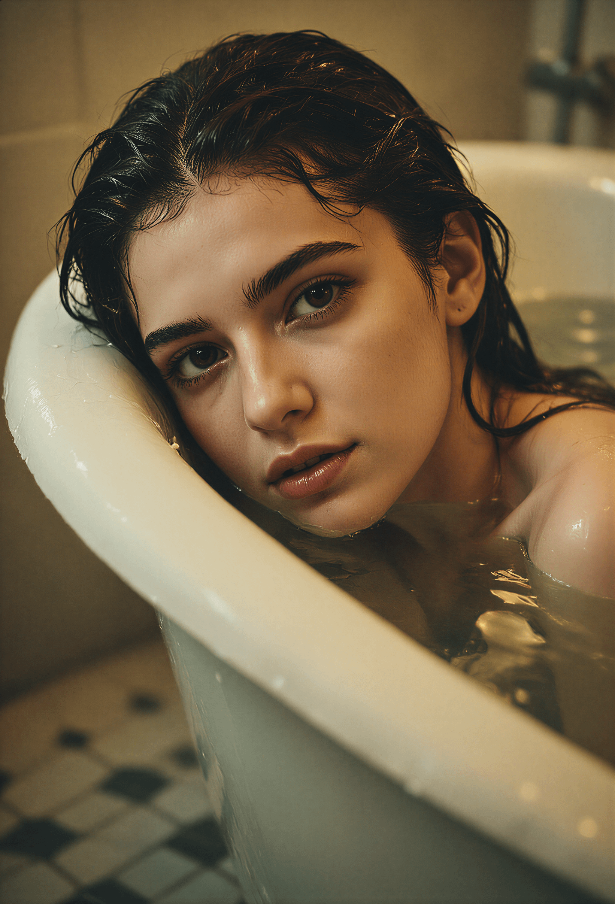 Face Submerged In Vintage Clawfoot Bathtub Warm Moody Lighting