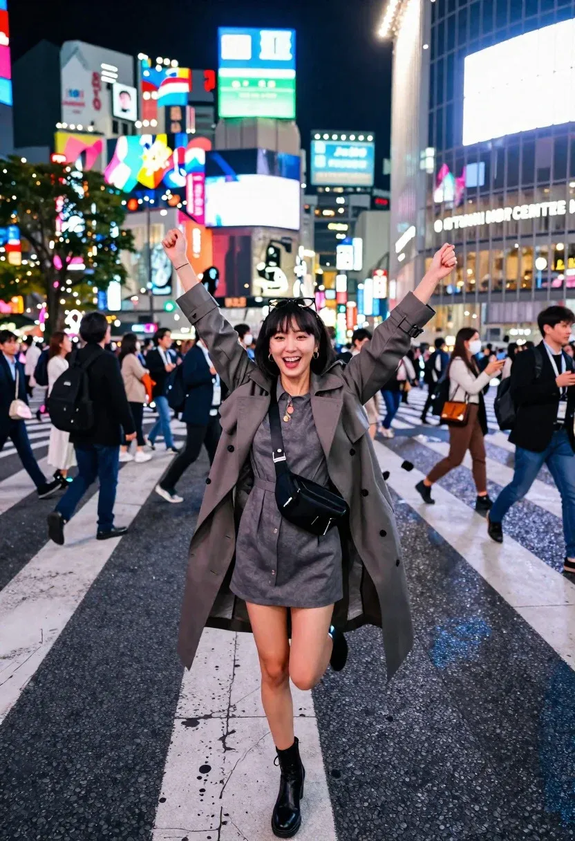 Glistening Tokyo Skyline Selfie Scene Exhilarated Tourist Woman Shibuya Crossing