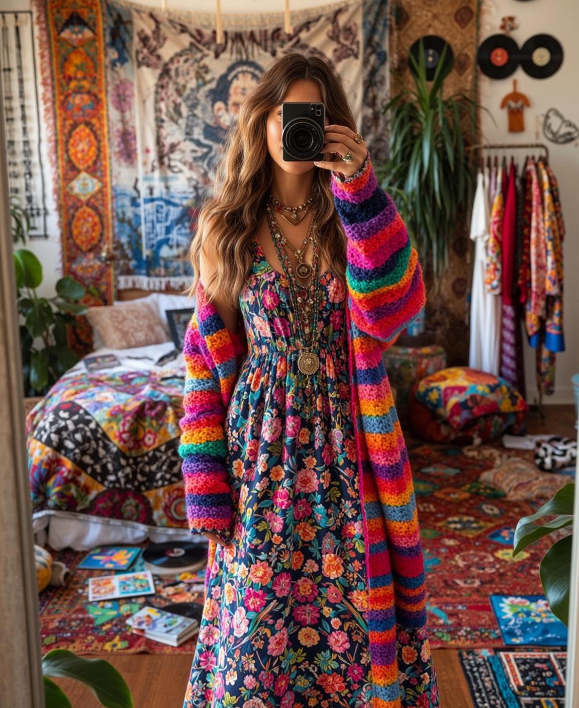 Bohemian Bedroom Selfie Floral Dress Layered Necklaces
