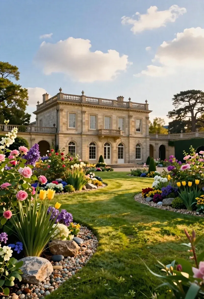 Photorealistic Wide Shot Grand Classical Villa Set Lush Formal Garden