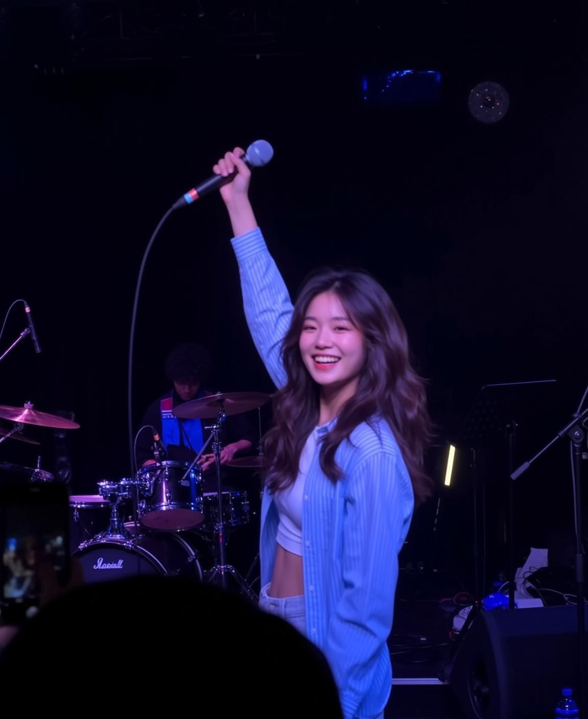Explore Captured Mid-performance Holding Microphone Aloft Her