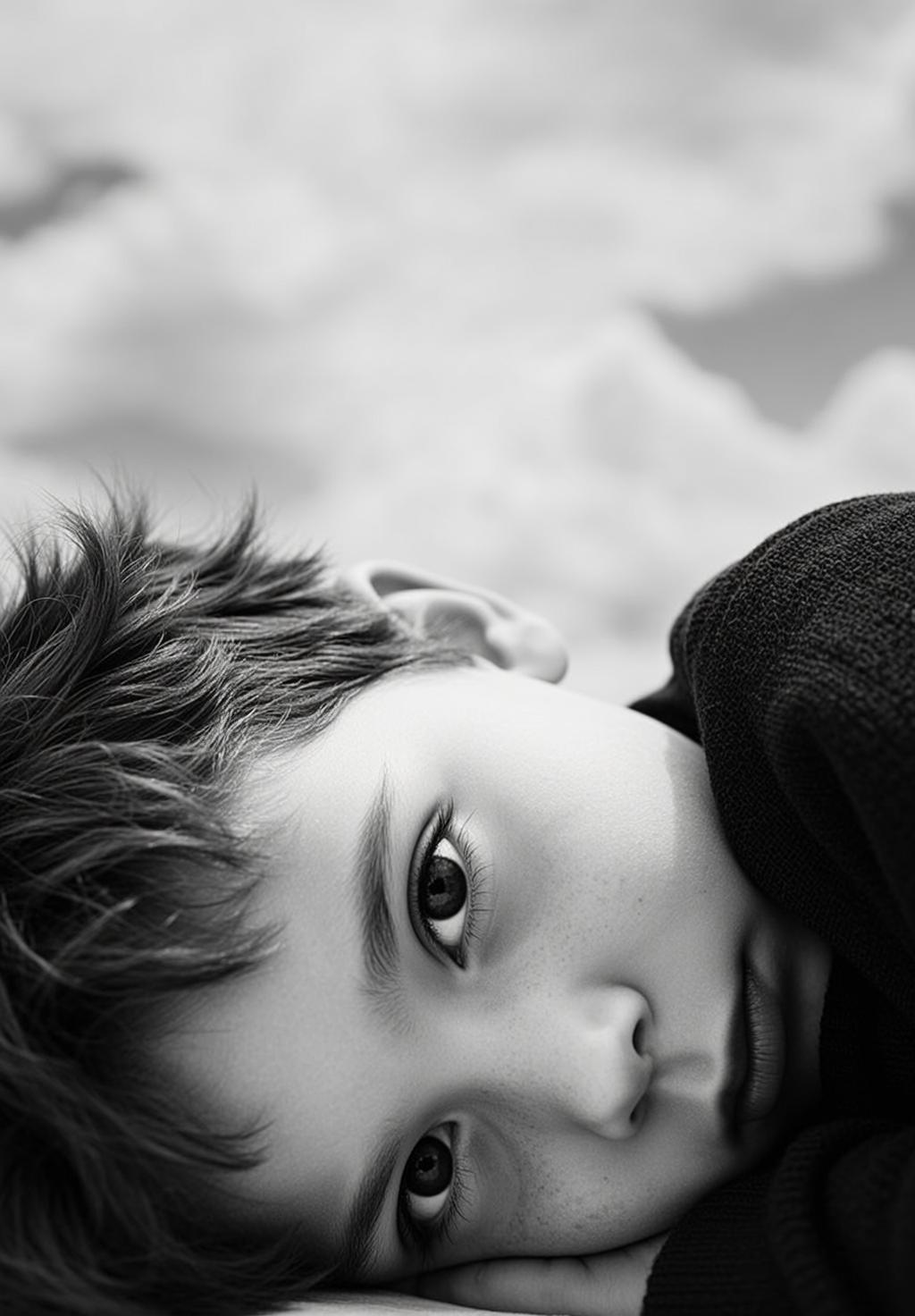 Black And White Close-up Low-angle Portrait Photograph Captures Young Boy