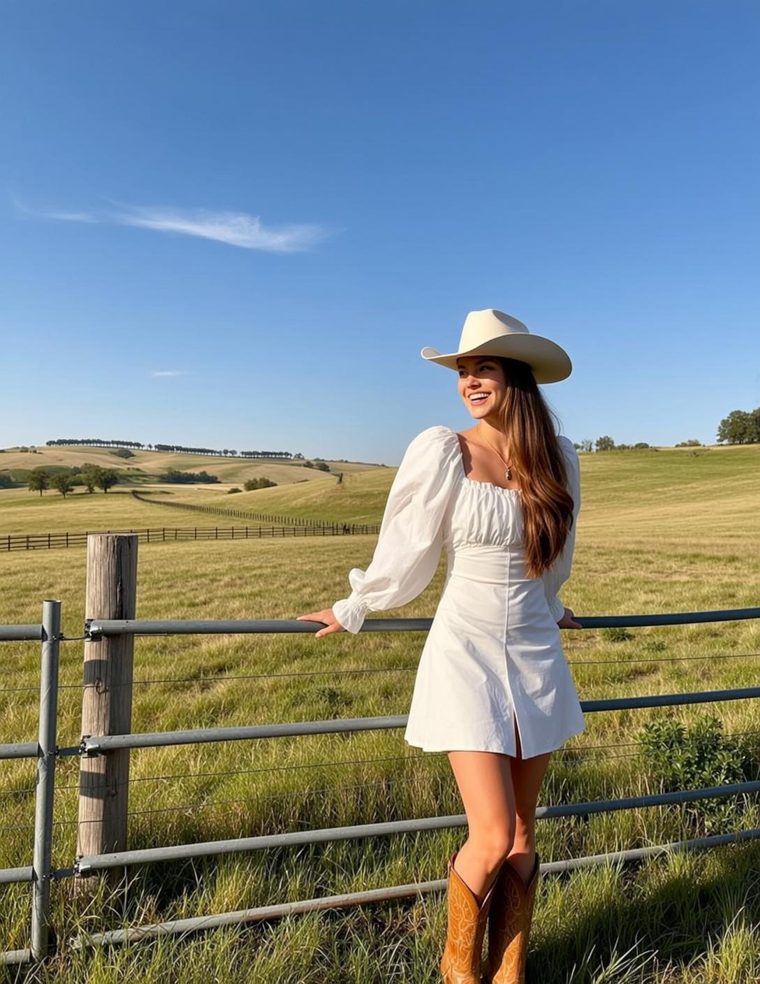 Cowgirl Stands Leaning Metal Fence Facing Three-quarters