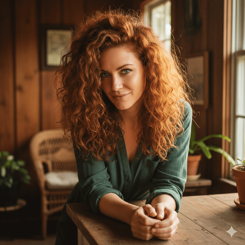 Red Hair Person Wooden Table Natural Daylight Plants