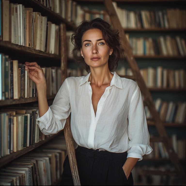 Vintage Bookstore Person In White Shirt Black Trousers