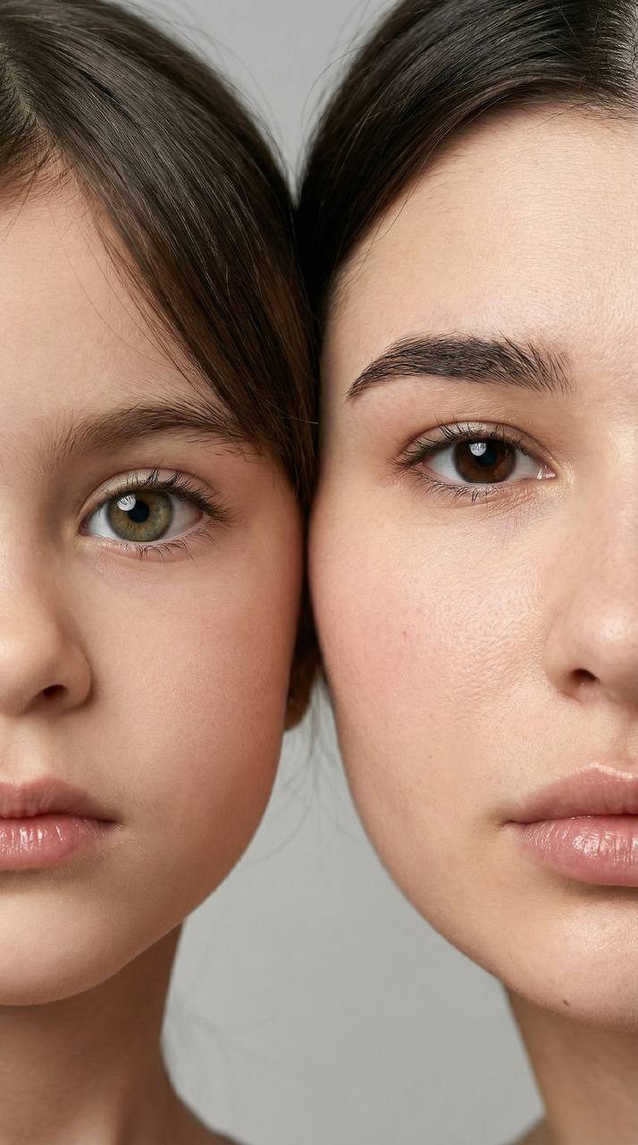 Ultra close-up portrait of an adult and a child gazing directly into the camera, showcasing natural skin texture and soft lighting.