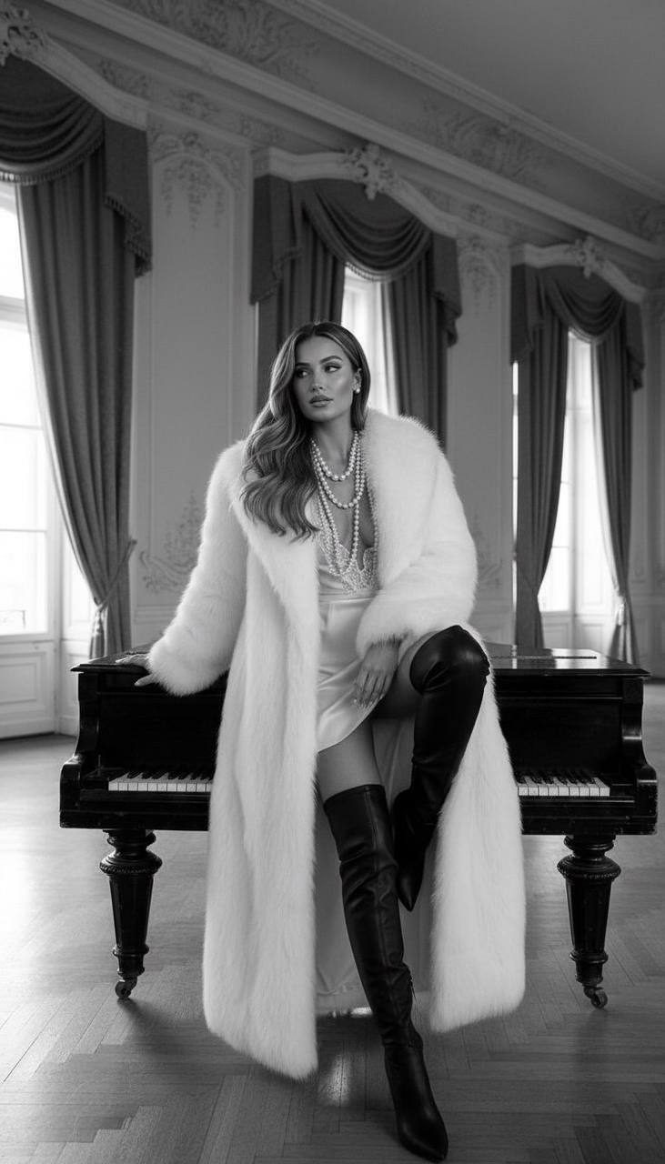 A model in a fluffy fur coat poses gracefully on a grand piano, surrounded by rich classical interiors.