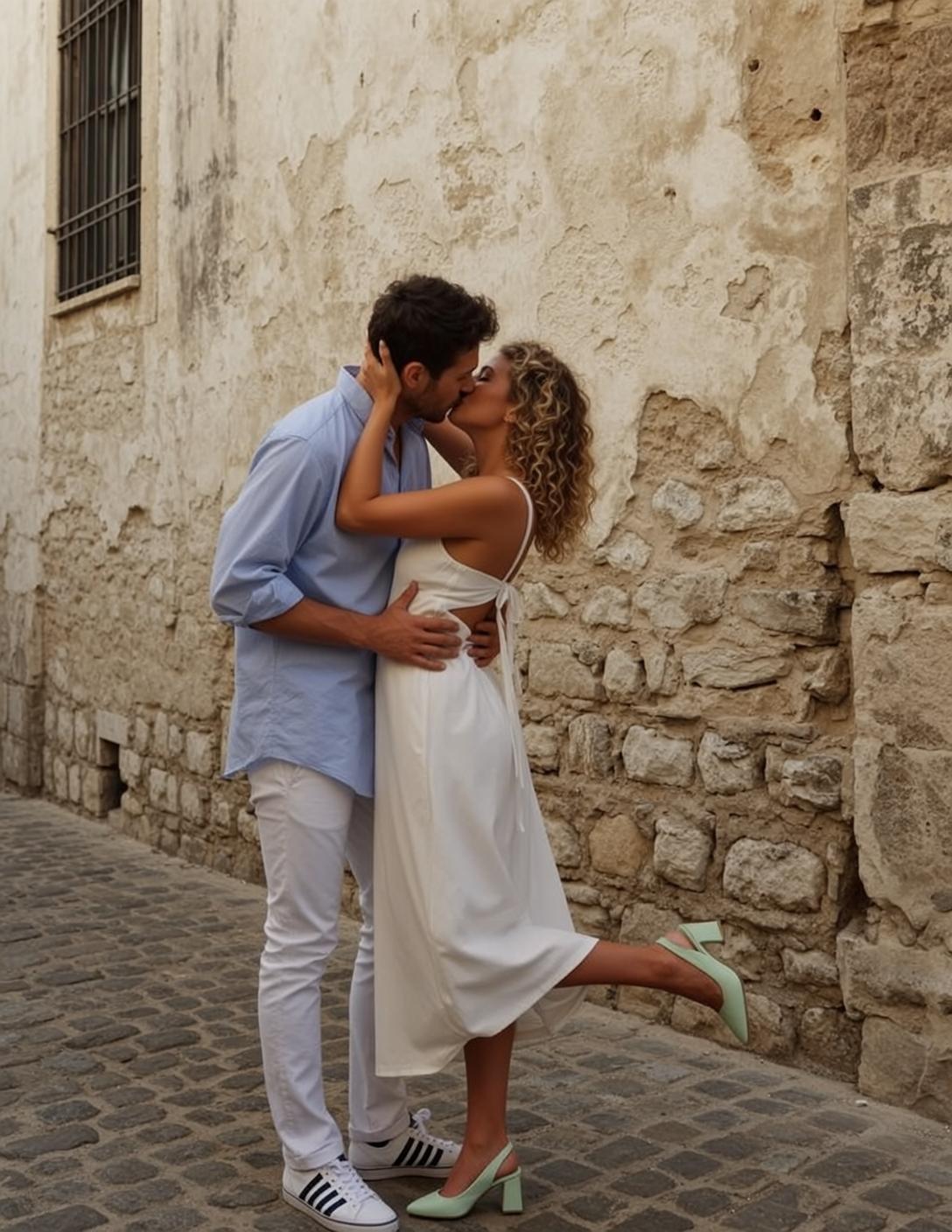 Cobblestone Kissing Street Scene