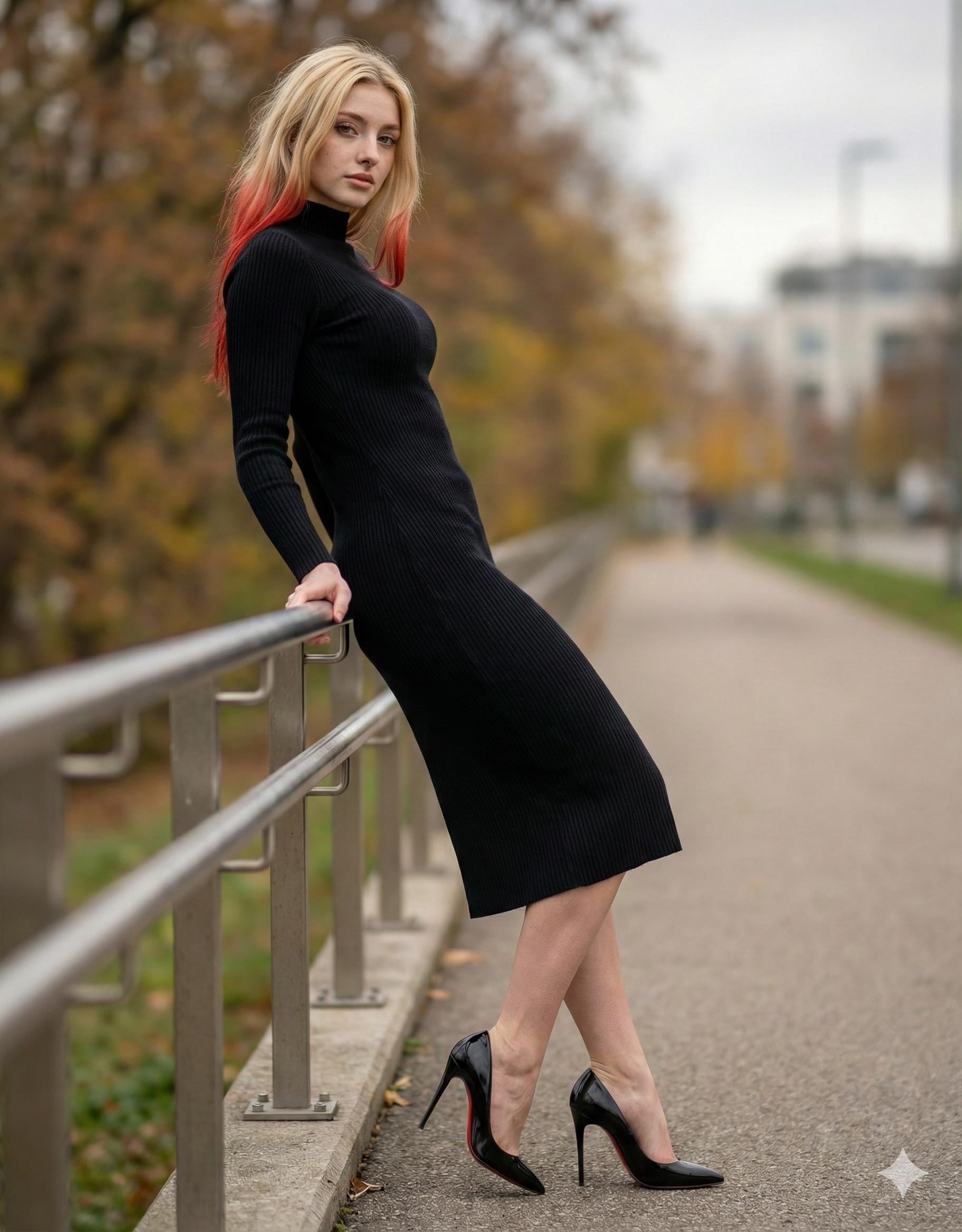 Adult person in a fitted black dress and red-sole heels leaning forward by a metal railing in an autumn park.