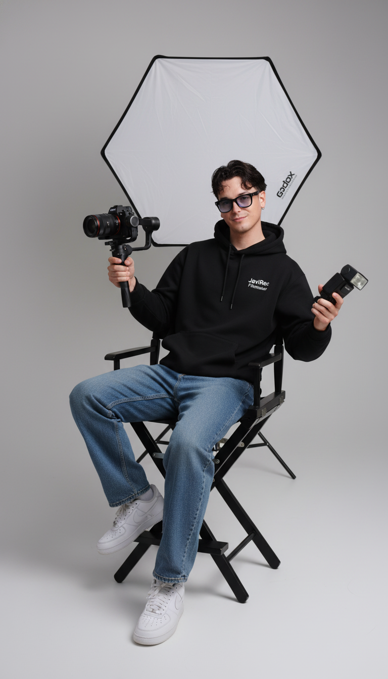 Ultra-realistic studio portrait of a confident man in black hoodie, holding a camera and flash, dynamic pose on a black chair.