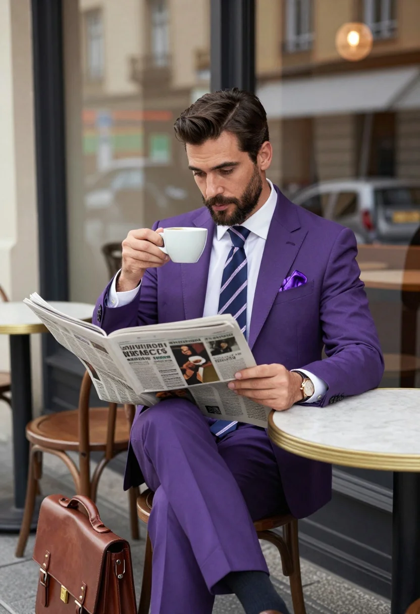 A well-dressed man sitting at an outdoor cafe table, reading a newspaper while holding a cup of coffee, with soft daylight illuminating the scene.