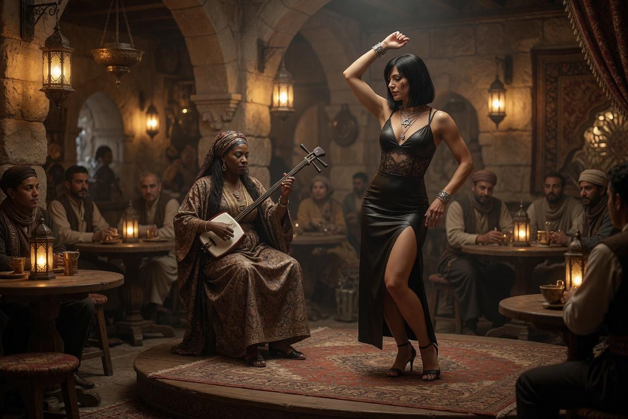 Dancing On Wooden Stage In Ancient Stone Tavern