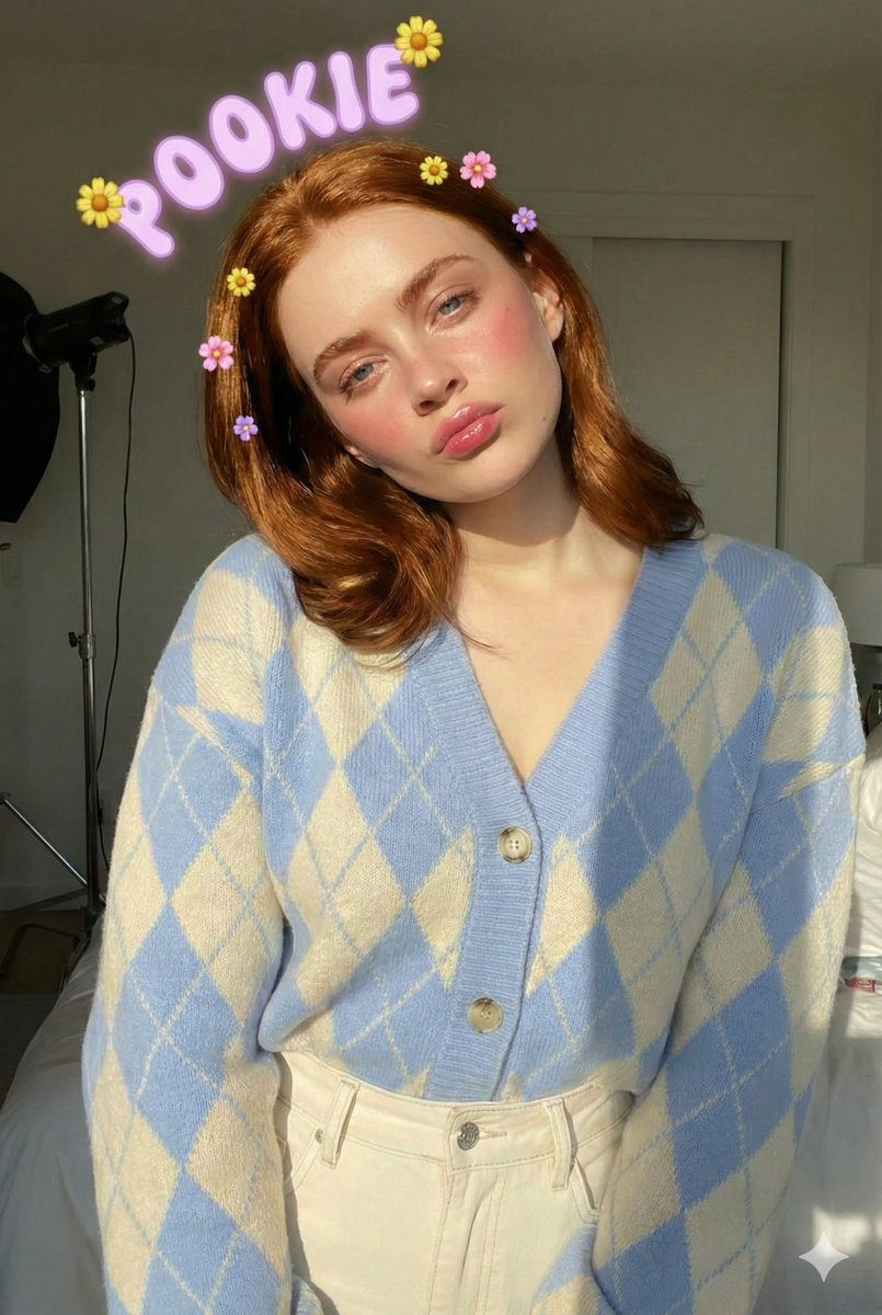 A pouty girl in a pastel cardigan with flowers in her hair, set in a bright indoor space.