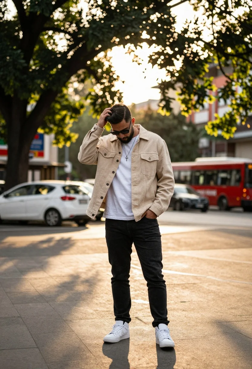Man Stands Paved Outdoor Area With Trees And Parked Cars