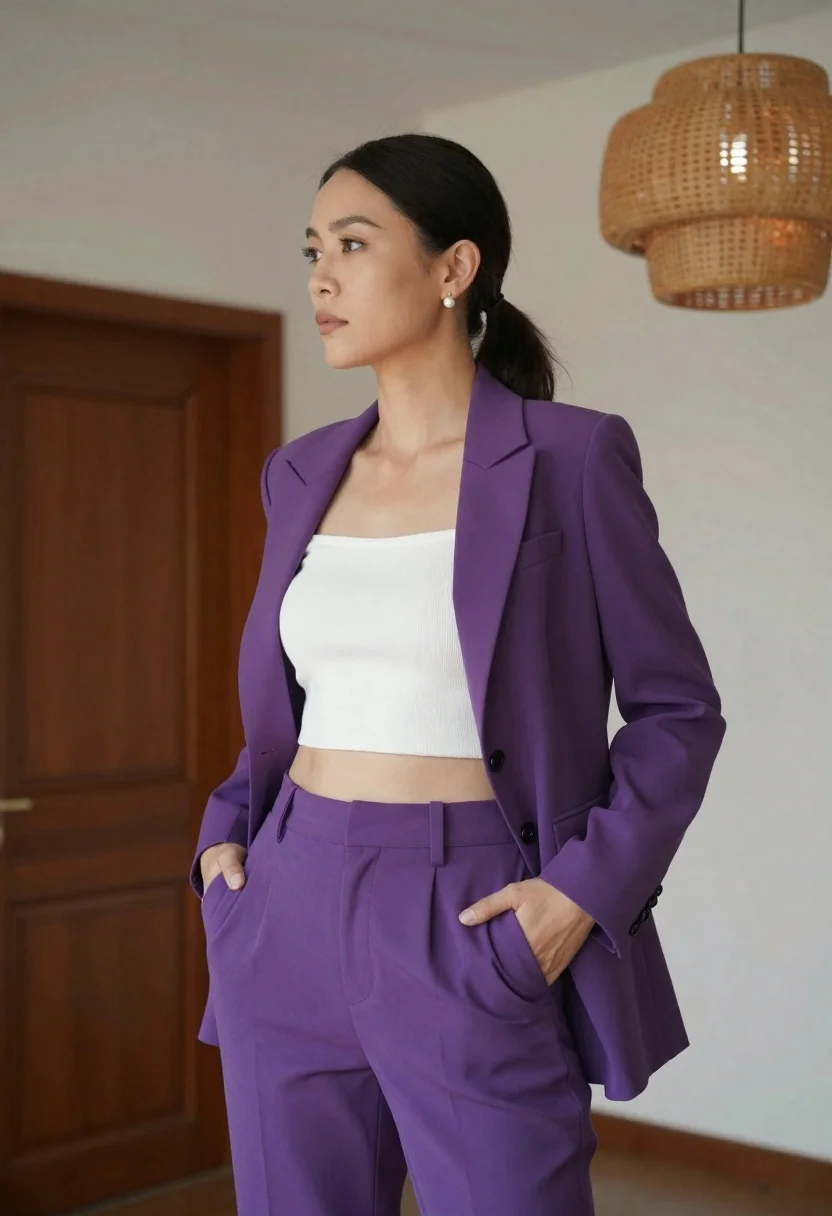 Confident Woman Stands Profile Wearing Stylish Purple Suit With White reference photo