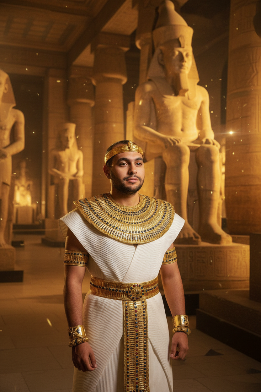 A person in elegant modern pharaonic clothing, standing proudly inside the Egyptian Museum at night, illuminated by warm golden lighting.