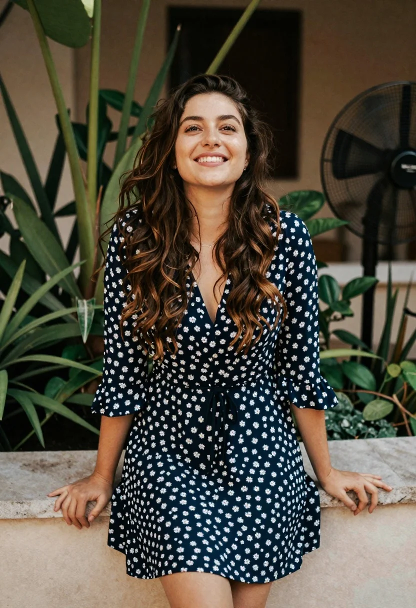 Smiling Woman With Long Wavy Brown Hair Stands Relaxed Pose reference photo