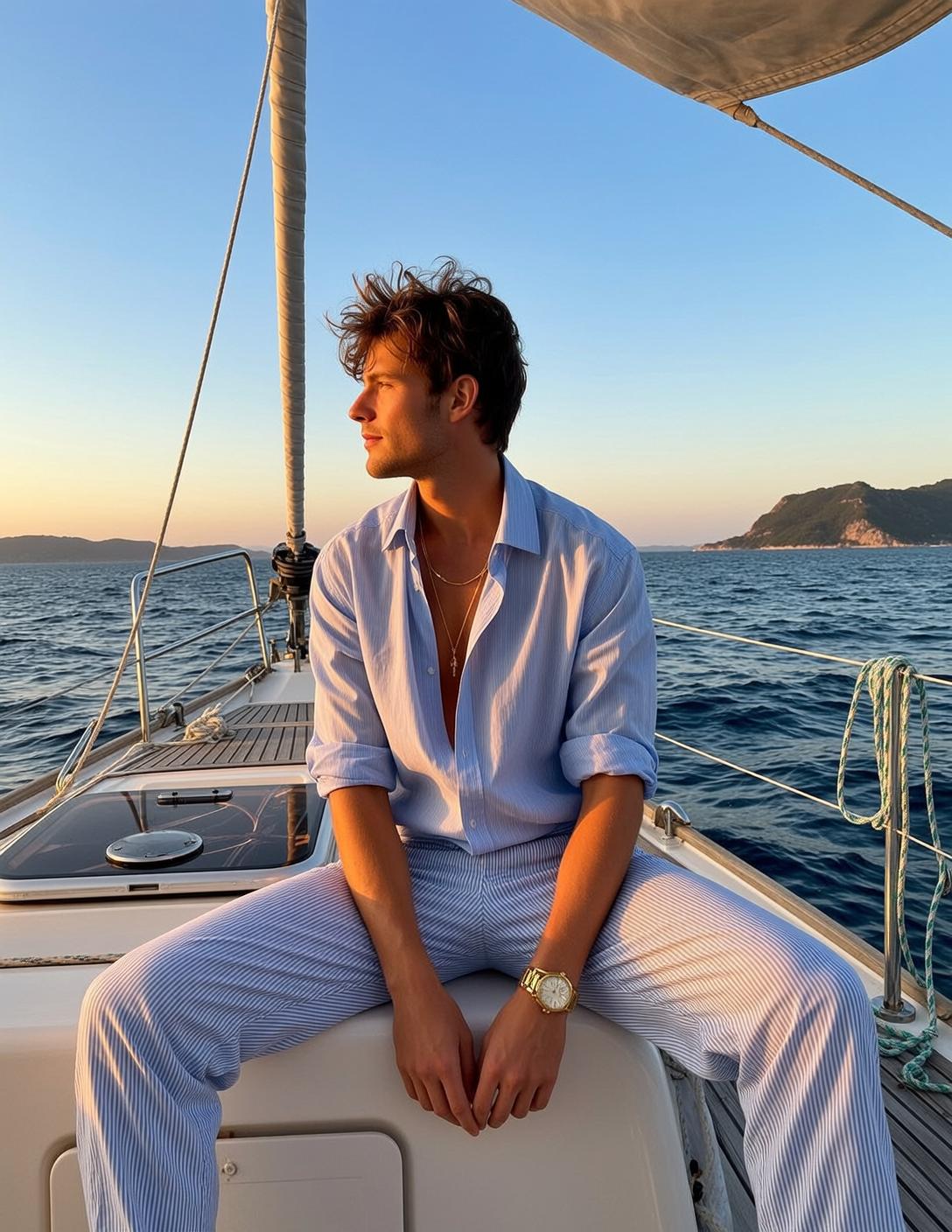 Explore Seated Deck Sailboat Facing His Left