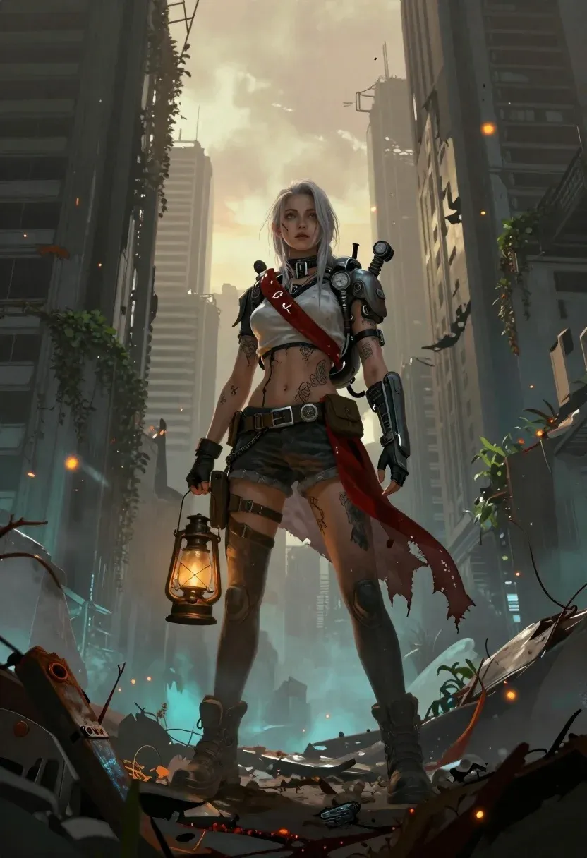 Digital Painting Lone Female Survivor Standing Ruined Overgrown Cityscape Under