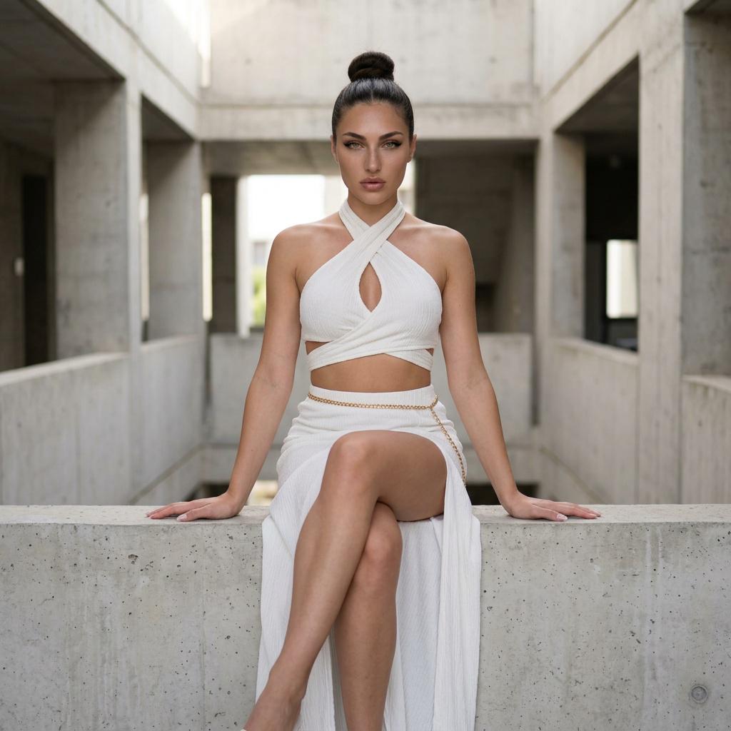Brutalist Architecture White Outfit Concrete Ledge Fashion