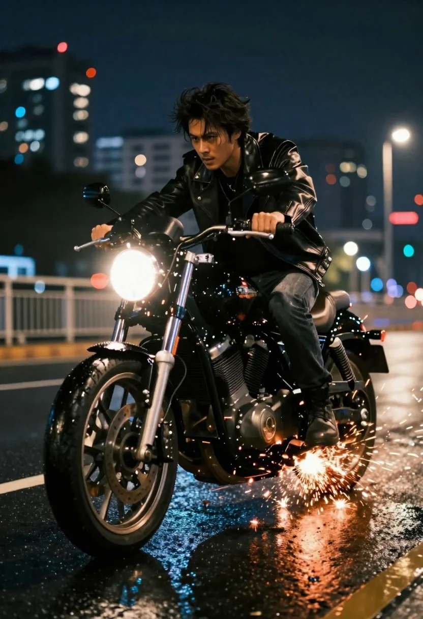 Man Rides Black Motorcycle Through Wet City Street Night With